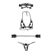 B166 - Bra Set Bralette Halter Open Cup Hitam Celana Dalam Crotchless Penutup Mata Tali Ikat Tangan