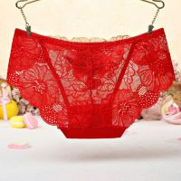 P445 - Celana Dalam Panties Hipster Merah Transparan Bordir Bunga - 2