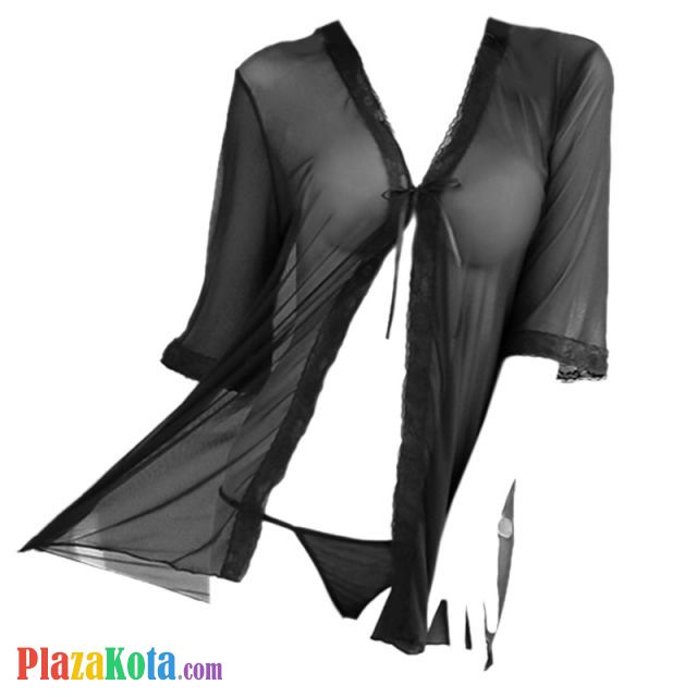 L0022 - Lingerie Robe Hitam Transparan, Lengan Pendek - Photo 1