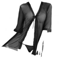 L0022 - Lingerie Robe Hitam Transparan, Lengan Pendek - Thumbnail 1
