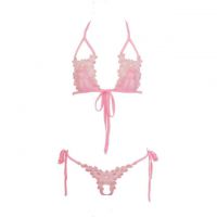 B108 - Lingerie Set Bralette Halterneck Pink, G-String Crotchless Ikat Samping