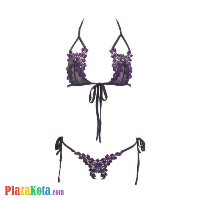 B109 - Bra Set Bralette Halter Ungu Celana Dalam Crotchless Ikat Samping - Photo 1