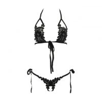 B110 - Bikini String Halterneck Hitam, G-String Crotchless Ikat Samping