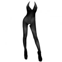 BS084 - Bodystocking Full Body Seamless Halterneck Hitam Transparan, Crotchless