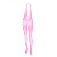 BS085 - Bodystocking Full Body Seamless Halterneck Pink Transparan, Crotchless