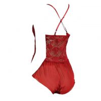 L0494 - Baju Tidur Lingerie Teddy Bodysuit Dress Tali Silang Marun Transparan - Thumbnail 2