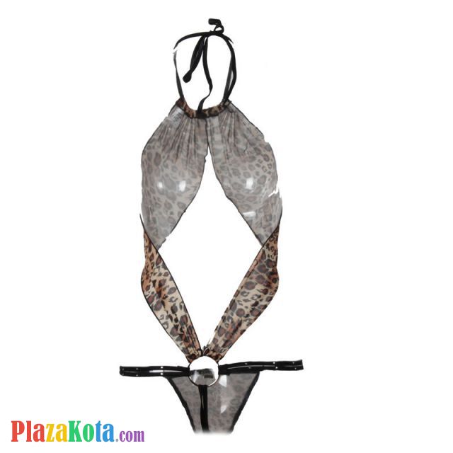 L0508 - Baju Tidur Dinas Malam Wanita Lingerie Teddy Bodysuit Seksi Halter Macan Tutul Coklat Crotchless - Photo 2