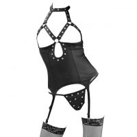 L0515 - Lingerie Bustier Halterneck Hitam, Open Cup, Garter, Stocking Fishnet