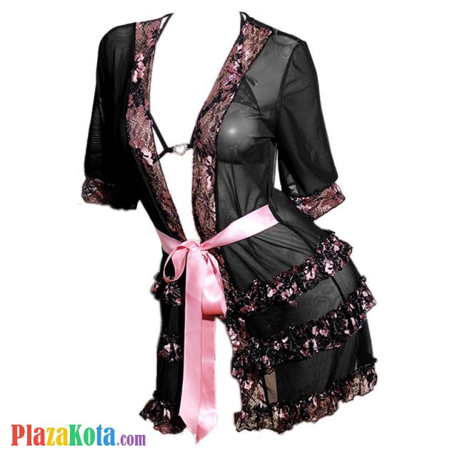 L0546 - Baju Tidur Lingerie Robe Kimono Dress Hitam Transparan Lengan Pendek Bra Set Open Cup - Photo 1