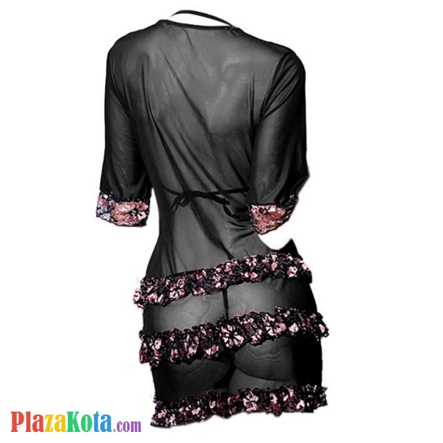 L0546 - Baju Tidur Lingerie Robe Kimono Dress Hitam Transparan Lengan Pendek Bra Set Open Cup - Photo 2