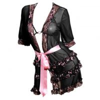 L0546 - Baju Tidur Lingerie Robe Kimono Dress Hitam Transparan Lengan Pendek Bra Set Open Cup