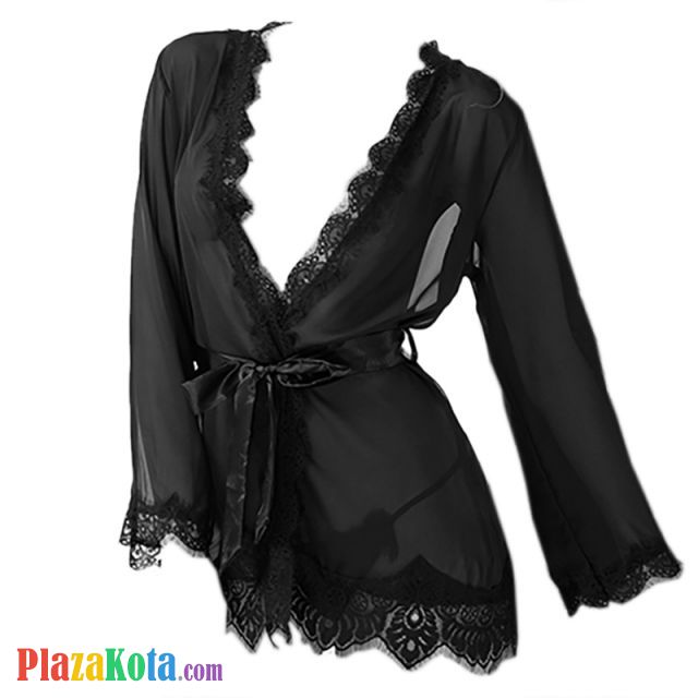 L0557 - Baju Tidur Lingerie Robe Kimono Dress Hitam Transparan Lengan Panjang Ikat Pinggang - Photo 1