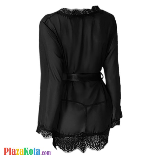 L0557 - Baju Tidur Lingerie Robe Kimono Dress Hitam Transparan Lengan Panjang Ikat Pinggang - Photo 2