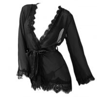 L0557 - Baju Tidur Lingerie Robe Kimono Dress Hitam Transparan Lengan Panjang Ikat Pinggang