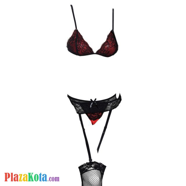 B128 - Bra Set Bralette Merah Celana Dalam Garter Belt Stocking - Photo 1