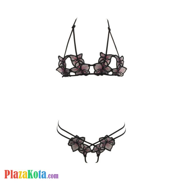 B133 - Bra Set Bralette Halter Open Cup Hitam Celana Dalam Crotchless - Photo 1