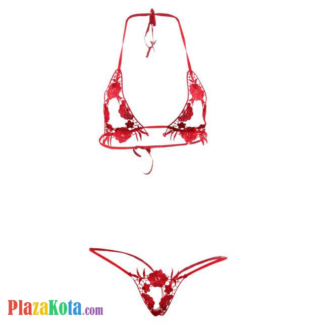 B139 - Bra Set Bralette Halter Open Cup Merah Celana Dalam Crotchless - Photo 1