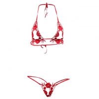 B139 - Bra Set Bralette Halter Open Cup Merah Celana Dalam Crotchless