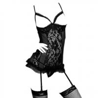 L0630 - Lingerie Bustier Tali Silang Hitam Transparan, Bra Kawat Open Cup, Garter, Stocking Fishnet