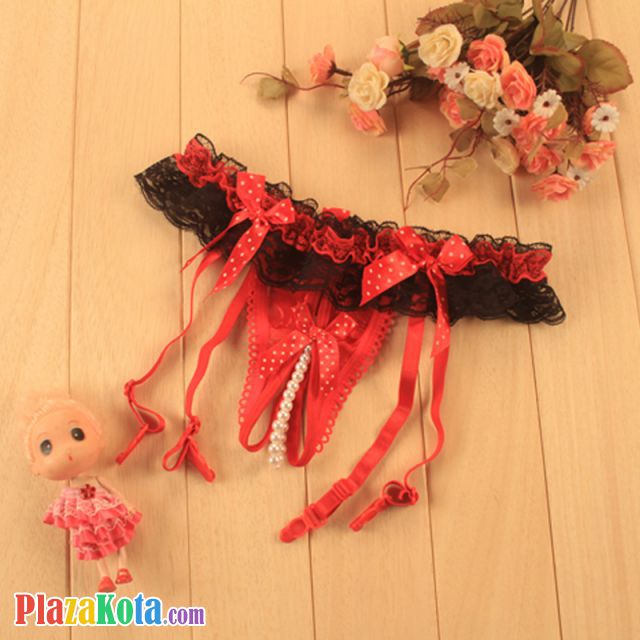 G007 - Garter Belt G-String Crotchless Merah Mutiara Lingkar Karet Renda Tali 4 - Photo 1