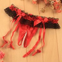 G007 - Garter Belt G-String Crotchless Merah, Mutiara, Lingkar Karet Renda, Tali 4