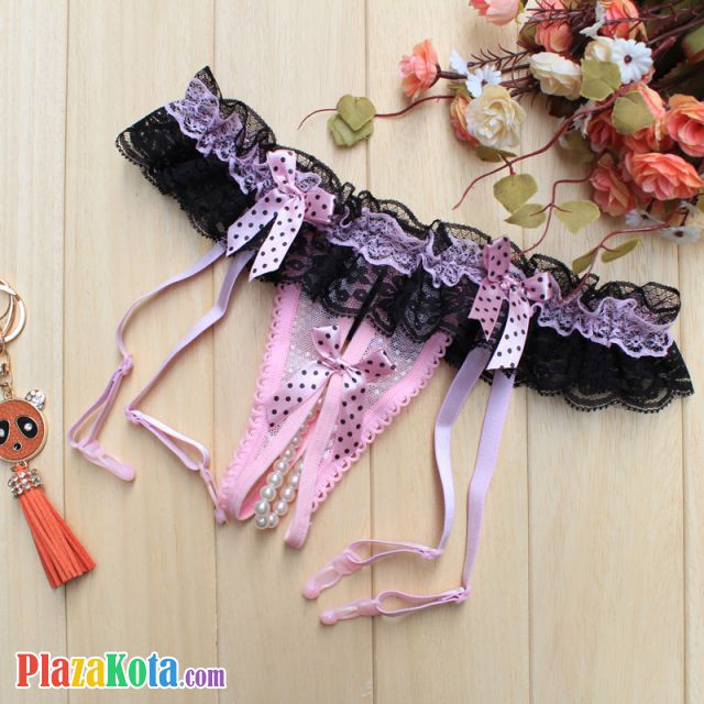 G008 - Garter Belt G-String Crotchless Pink Mutiara Lingkar Karet Renda Tali 4 - Photo 1