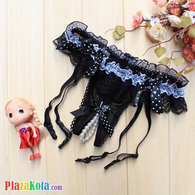 G009 - Garter Belt G-String Crotchless Hitam Mutiara Lingkar Karet Renda Tali 4 - Photo 1