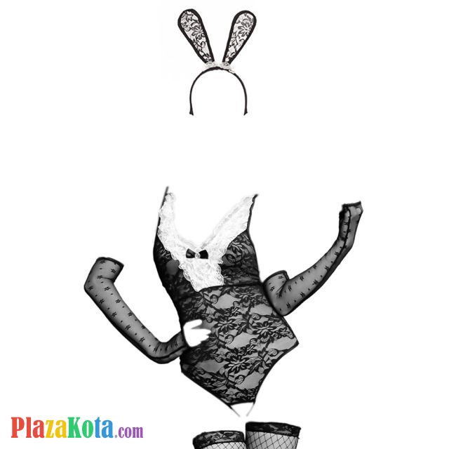 L0644 - Lingerie Costume Playboy Bunny Kelinci Hitam Transparan, Crotchless, Bando, Sarung Tangan, Stocking Fishnet - Photo 1