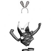 L0644 - Lingerie Costume Playboy Bunny Kelinci Hitam Transparan, Crotchless, Bando, Sarung Tangan, S