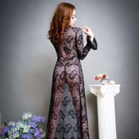 L0650 - Baju Tidur Dinas Malam Wanita Lingerie Long Dress Gaun Panjang Seksi Hitam Transparan Lengan Panjang - Thumbnail 3