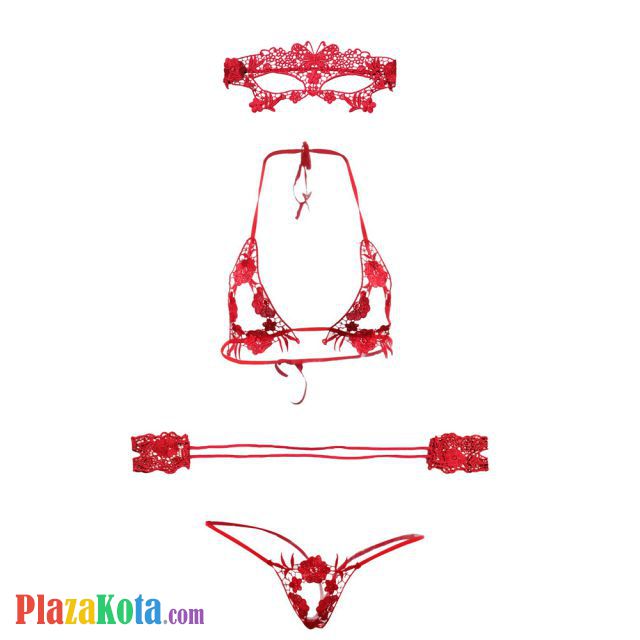 B162 - Bra Set Bralette Halter Open Cup Merah Celana Dalam Crotchless Penutup Mata Tali Ikat Tangan - Photo 1