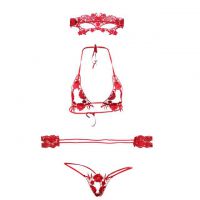 B162 - Lingerie Set Bralette Halterneck Open Cup Merah, Celana Dalam Crotchless, Penutup Mata, Tali Ikat Tangan - Thumbnail 1