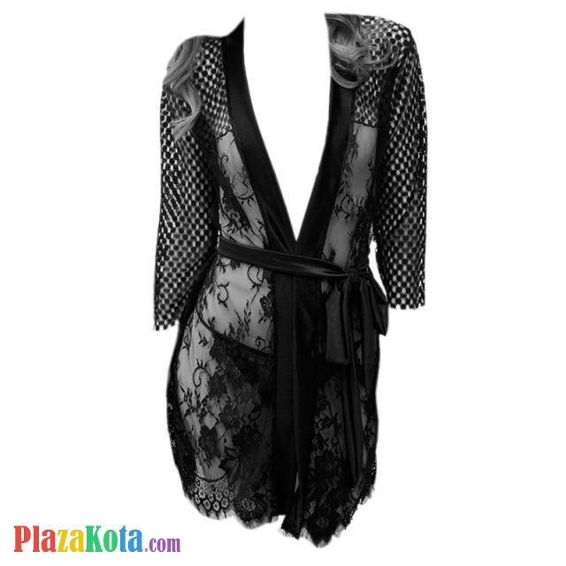 L0653 - Lingerie Robe Hitam Transparan, Lengan Panjang, Ikat Pinggang - Photo 1