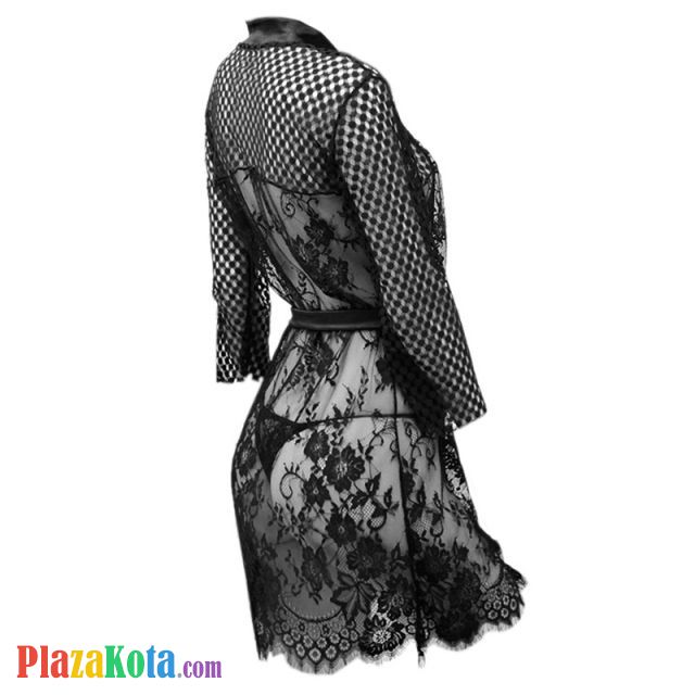 L0653 - Lingerie Robe Hitam Transparan, Lengan Panjang, Ikat Pinggang - Photo 2