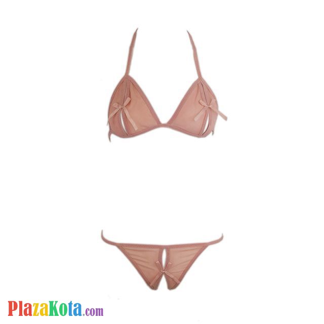 B009 - Bra Set Bralette Halter Krem Transparan Celana Dalam Crotchless - Photo 1