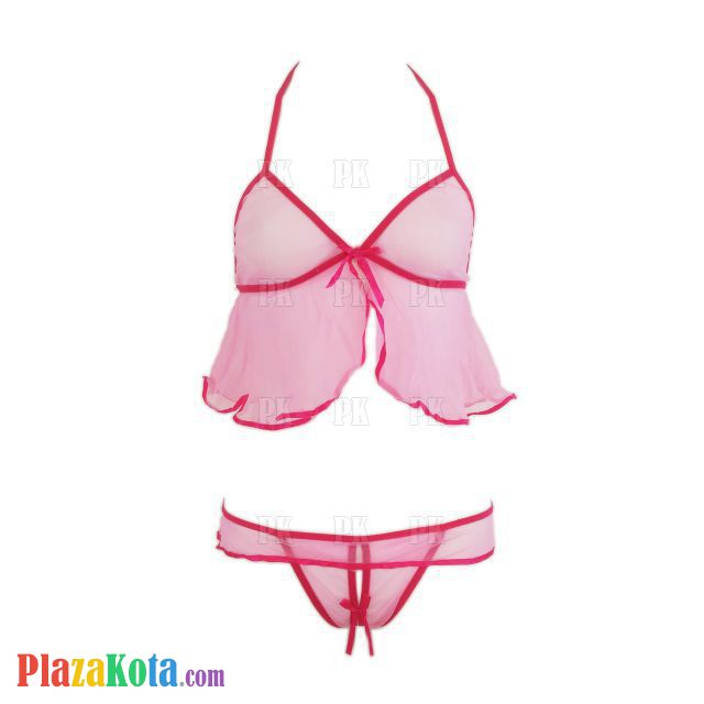 B036 - Pakaian Dalam Wanita Bra Set Bralette Seksi Halter Pink Transparan Crotchless - Photo 1
