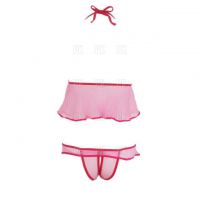 B036 - Pakaian Dalam Wanita Bra Set Bralette Seksi Halter Pink Transparan Crotchless - Thumbnail 2