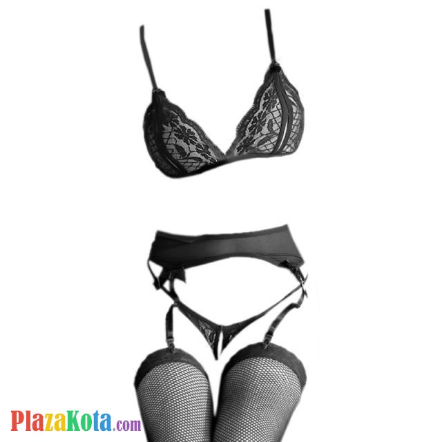 B047 - Bra Set Bralette Hitam Transparan Celana Dalam Crotchless Garter Belt Stocking - Photo 1