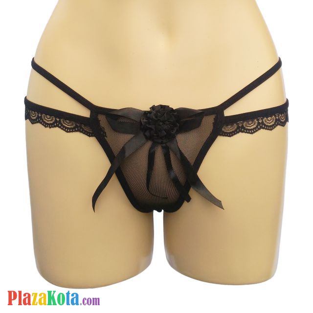 GS145 - Celana Dalam G-String Wanita Hitam Transparan Bunga Pita - Photo 1