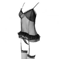 L0658 - Baju Tidur Lingerie Bustier Corset Dress Hitam Transparan Crotchless Garter Strap Stocking