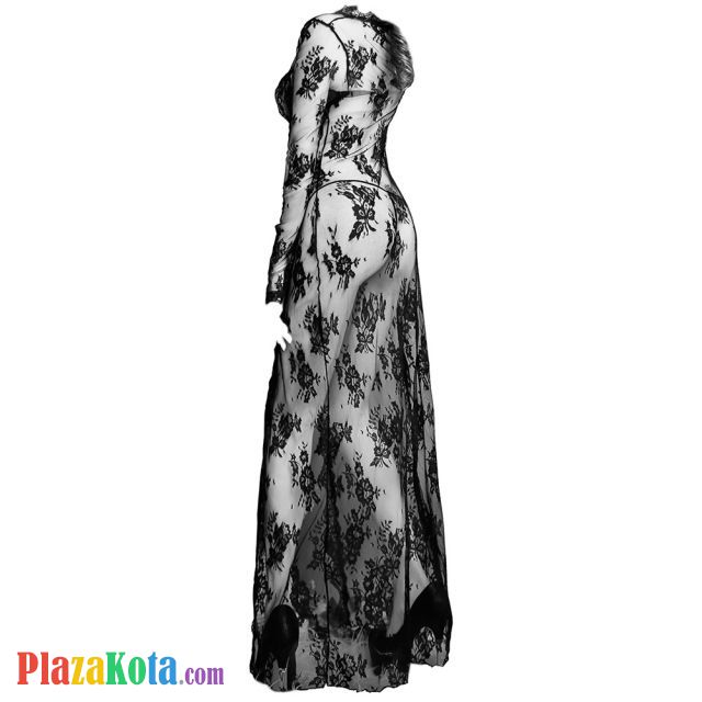 L0671 - Lingerie Long Gown Hitam Transparan, Lengan Panjang - Photo 2