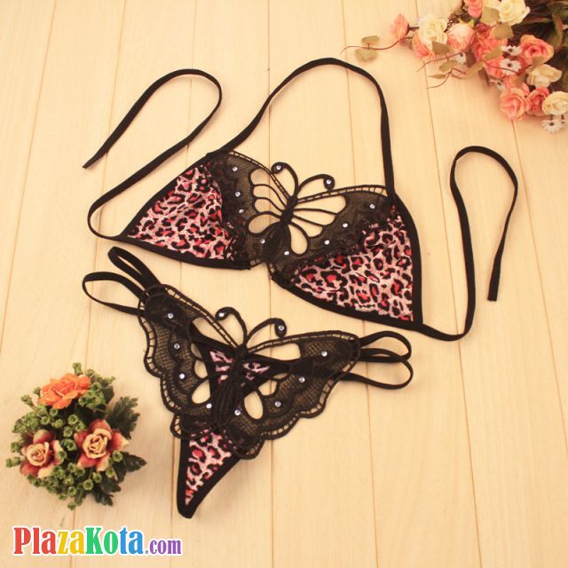 B184 - Bra Set Bralette Halter Macan Tutul Magenta Celana Dalam Kupu-Kupu - Photo 1