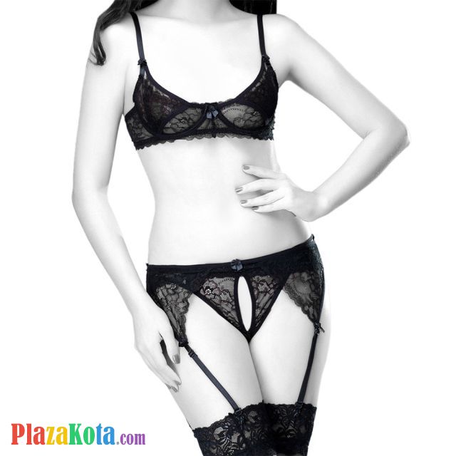 B200 - Pakaian Dalam Wanita Bra Set Kawat Underwire Seksi Hitam Garter Belt Stocking - Photo 1