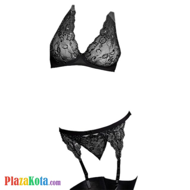 B204 - Bra Set Bralette Hitam Transparan Celana Dalam Garter Belt Stocking - Photo 1