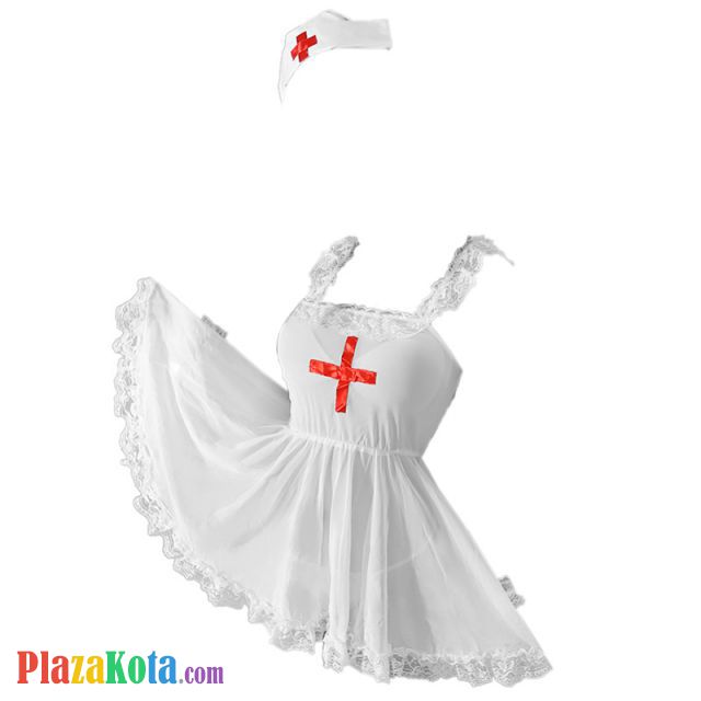 L0733 - Lingerie Costume Nurse Suster Putih Transparan, Topi, Gelang Wristband - Photo 1