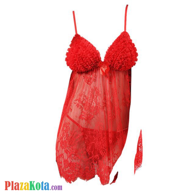 L0758 - Baju Tidur Lingerie Babydoll Mini Dress Merah Transparan - Photo 1