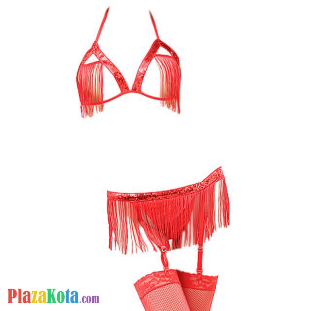 B226 - Bra Set Bralette Halter Open Cup Merah Celana Dalam Garter Belt Stocking - Photo 1