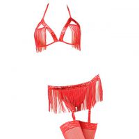 B226 - Bra Set Bralette Halter Open Cup Merah Celana Dalam Garter Belt Stocking