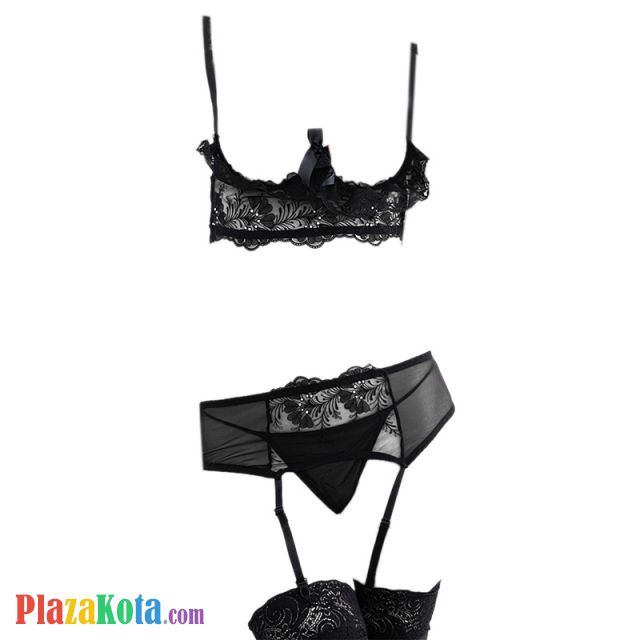 B227 - Bra Set Underwire Kawat Open Cup Hitam Celana Dalam Garter Belt Stocking - Photo 1