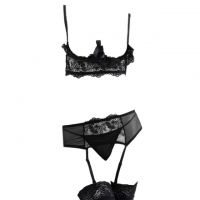 B227 - Bra Set Underwire Kawat Open Cup Hitam Celana Dalam Garter Belt Stocking